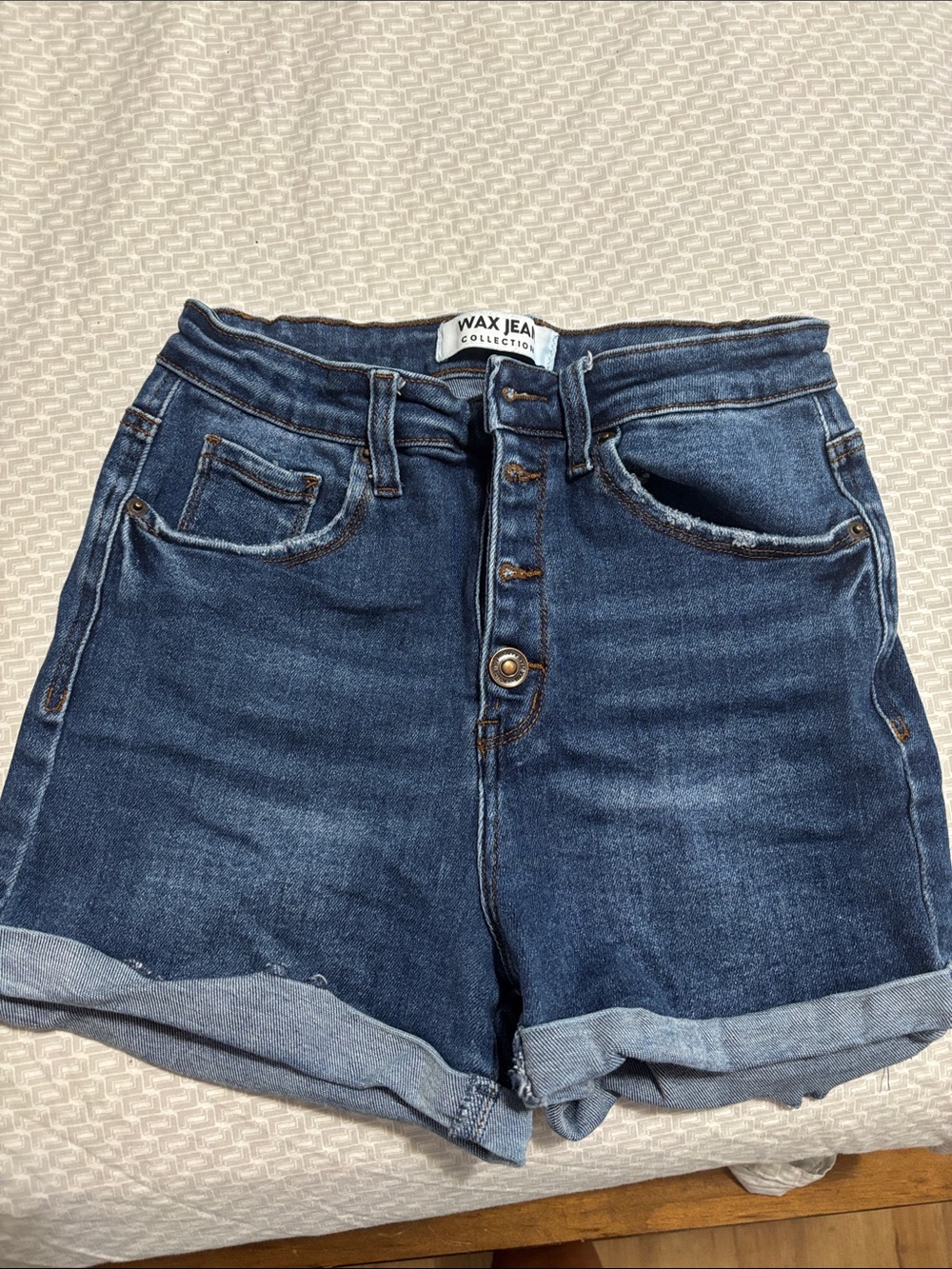 High-Rise Dark Blue Cuffed Denim Shorts- Size L